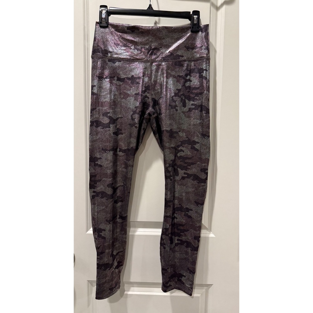 Fabletics PowerHold Metallic Camo Leggings Purple Silver Foil High Waist Crop